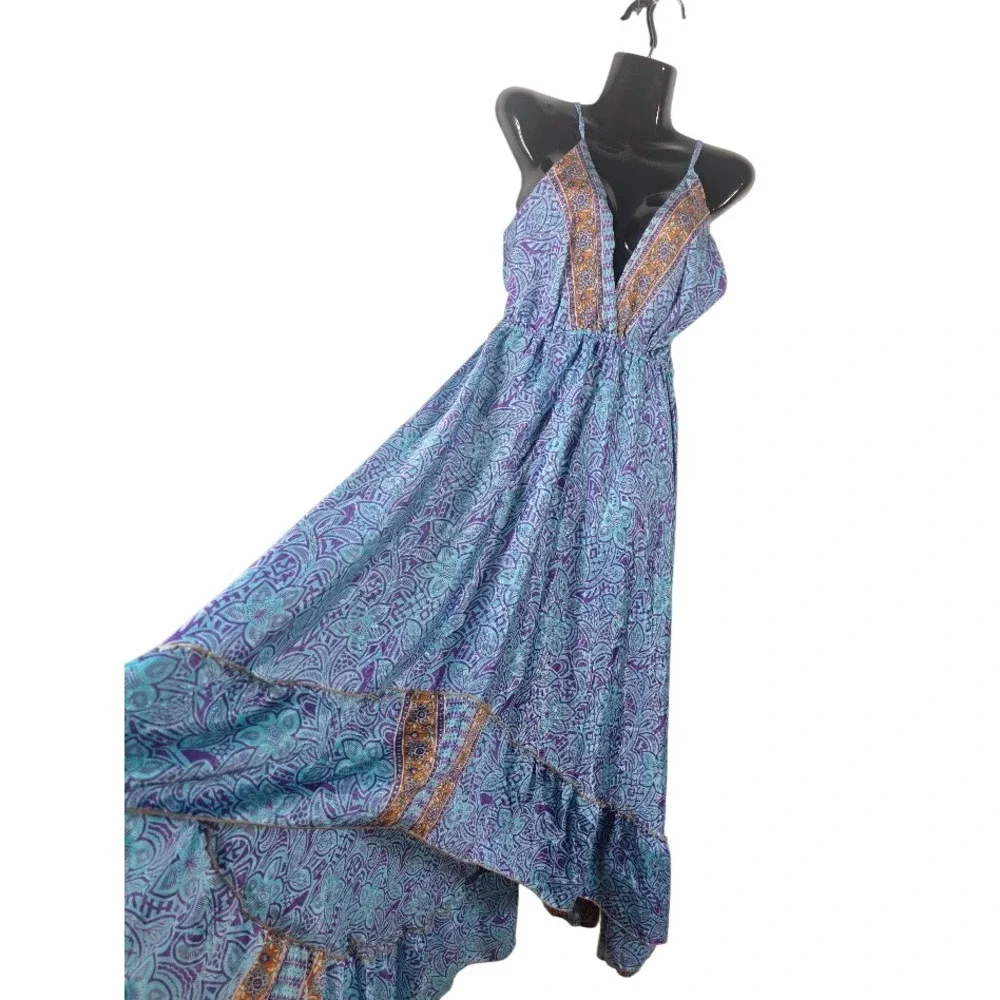 Silk Halter Dress Womens OS Purple Paisley High Low Boho Cottagecore Maxi